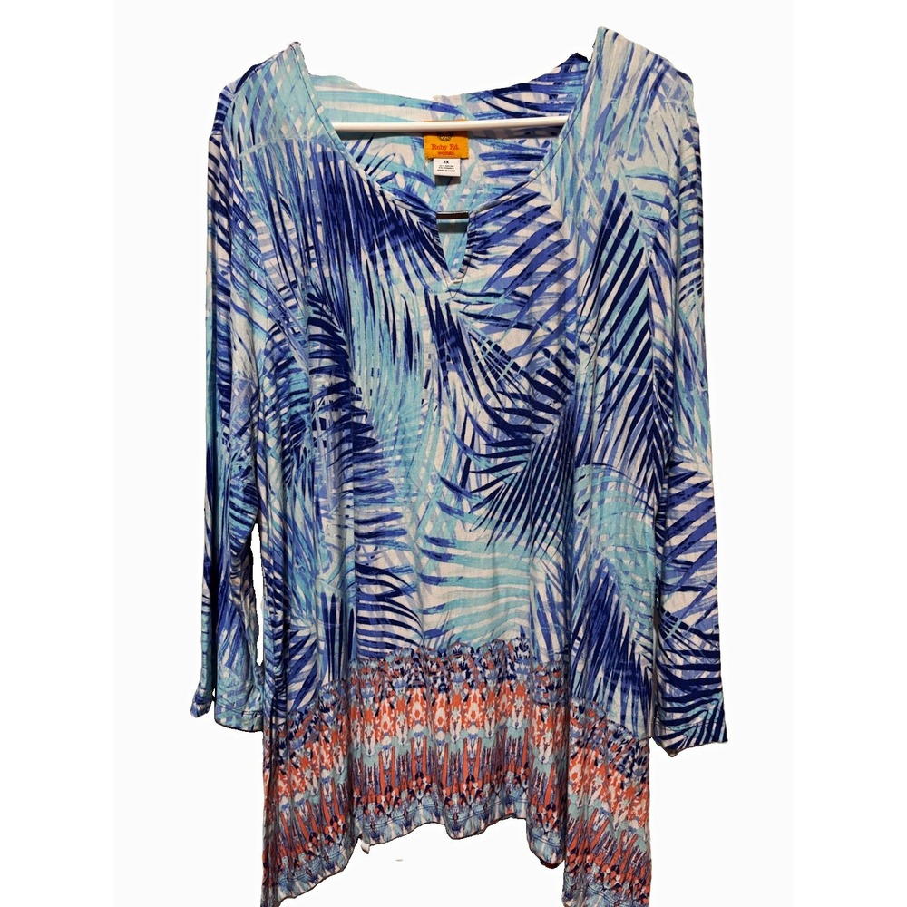 Ruby Rd. Women's Plus 1X Tropical Palm Leaf V-Neck 3/4 Sleeve Tunic, Rayon